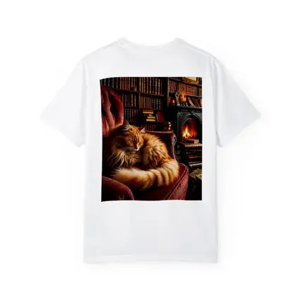 Fluffy Ginger Cat Sleeping Library Fireplace
