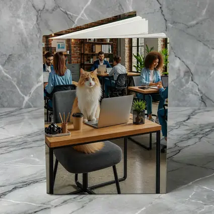 Fluffy Cat Sitting at Office Desk