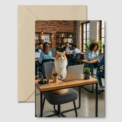 Fluffy Cat Sitting at Office Desk