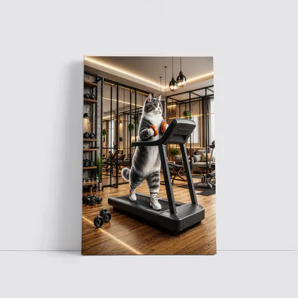 Gray Cat on Treadmill in Gym