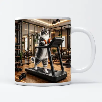 Gray Cat on Treadmill in Gym