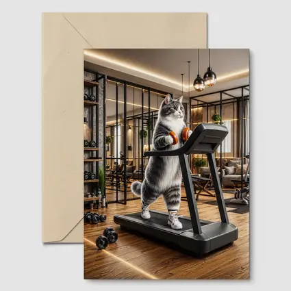 Gray Cat on Treadmill in Gym