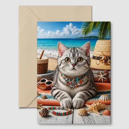American Shorthair Cat Beach Summer Scene