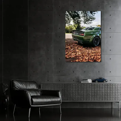 Dodge Challenger Green Muscle Car Autumn Leaves
