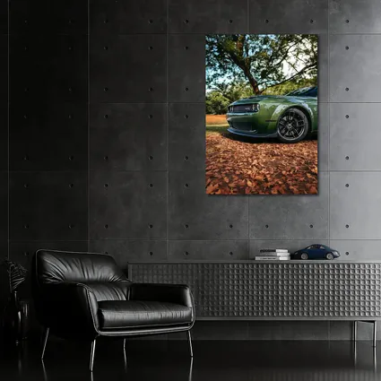 Dodge Challenger Green Muscle Car Autumn Leaves