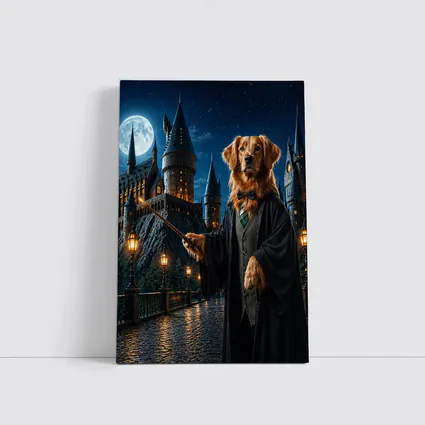 Golden Retriever Wizard at Night Castle