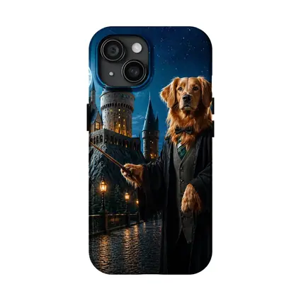 Golden Retriever Wizard at Night Castle