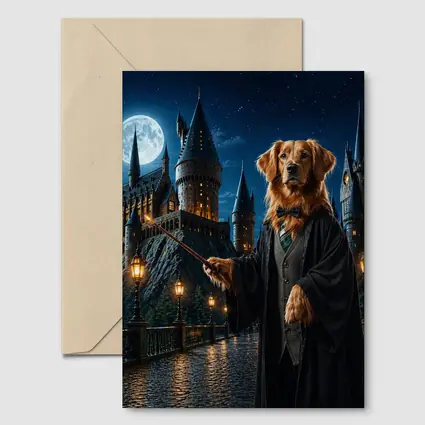 Golden Retriever Wizard at Night Castle
