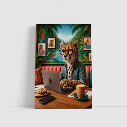 Cheetah With Glasses Working Laptop Cafe