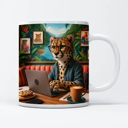 Cheetah With Glasses Working Laptop Cafe