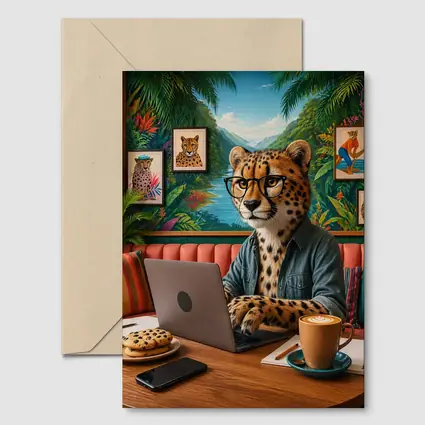Cheetah With Glasses Working Laptop Cafe