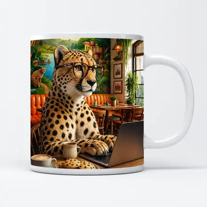 Cheetah in Glasses Working Cafe Laptop