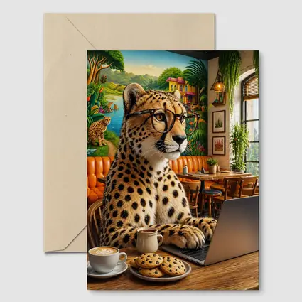 Cheetah in Glasses Working Cafe Laptop
