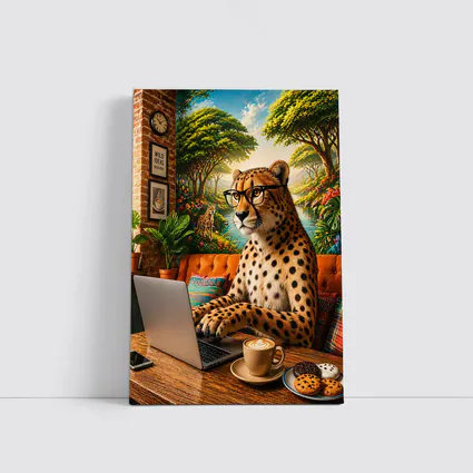 Cheetah in Glasses Working Laptop Cafe