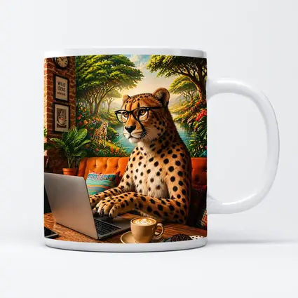 Cheetah in Glasses Working Laptop Cafe