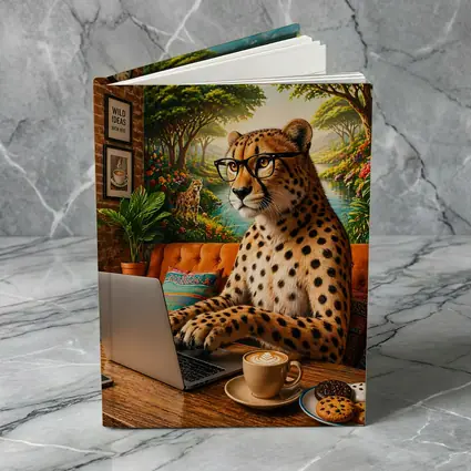 Cheetah in Glasses Working Laptop Cafe