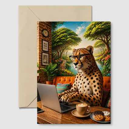 Cheetah in Glasses Working Laptop Cafe