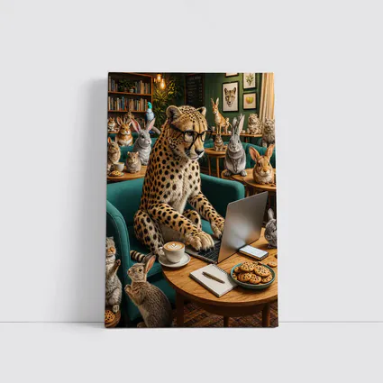 Cheetah in Glasses Working Cafe Rabbits