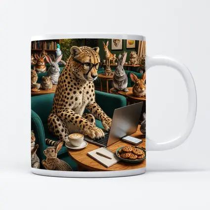 Cheetah in Glasses Working Cafe Rabbits