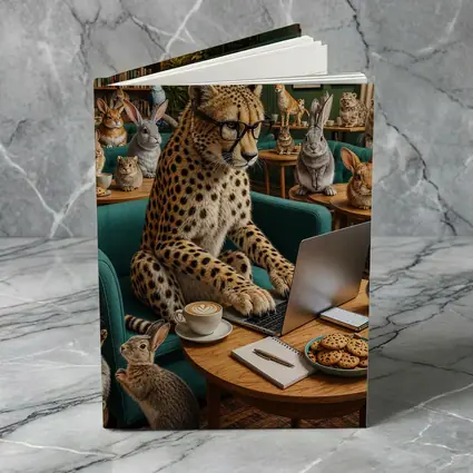 Cheetah in Glasses Working Cafe Rabbits