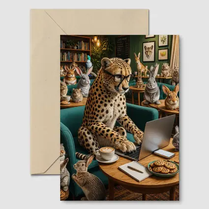 Cheetah in Glasses Working Cafe Rabbits
