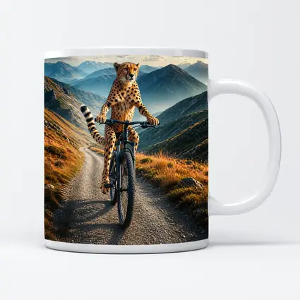 Cheetah Riding Bicycle on Mountain Road