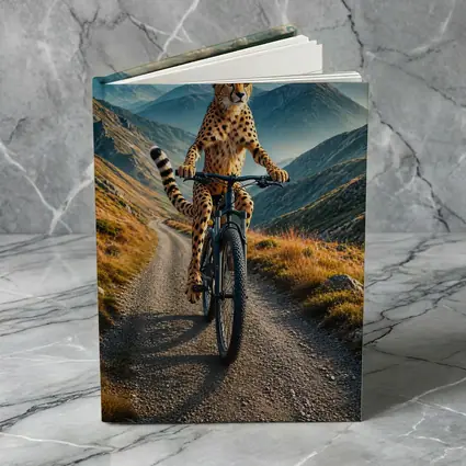 Cheetah Riding Bicycle on Mountain Road