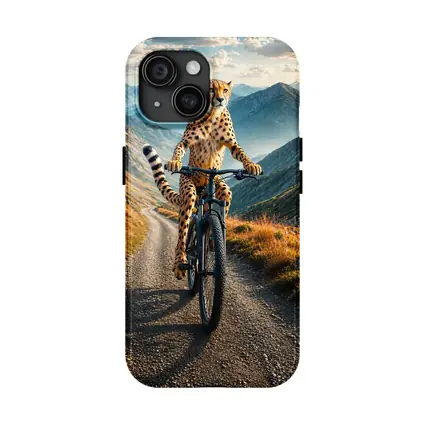 Cheetah Riding Bicycle on Mountain Road