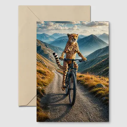Cheetah Riding Bicycle on Mountain Road