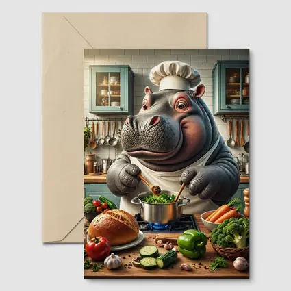 Hippo Chef Cooking Vegetables in Kitchen
