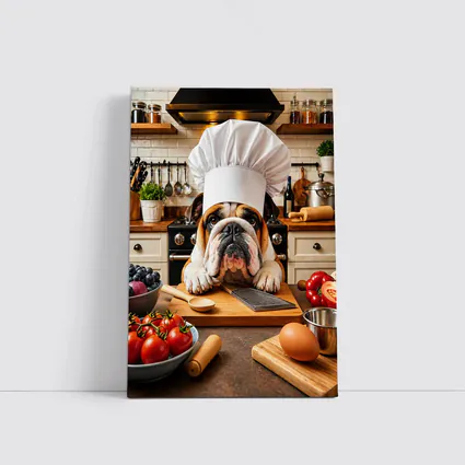 English Bulldog Chef Cooking in Kitchen