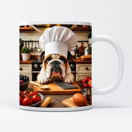 English Bulldog Chef Cooking in Kitchen