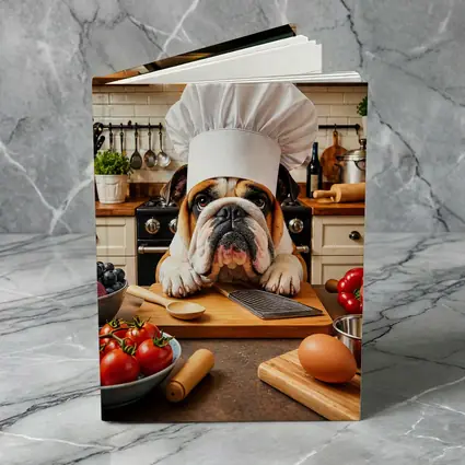 English Bulldog Chef Cooking in Kitchen