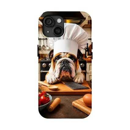 English Bulldog Chef Cooking in Kitchen
