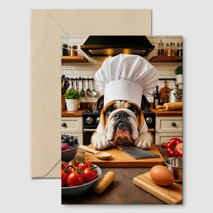 English Bulldog Chef Cooking in Kitchen