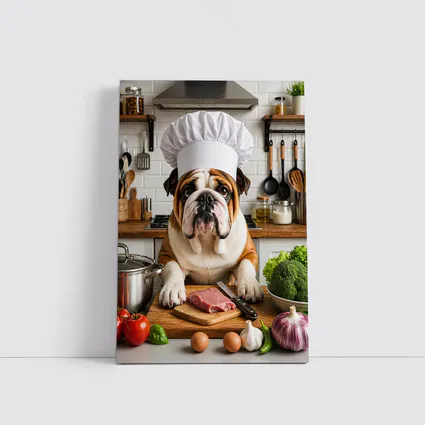 Bulldog Chef Cooking In Kitchen