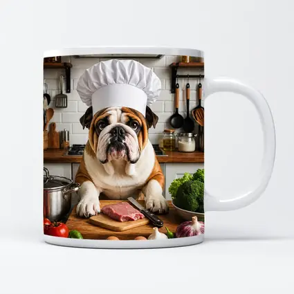 Bulldog Chef Cooking In Kitchen