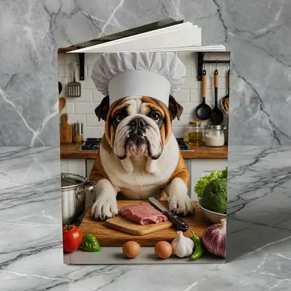Bulldog Chef Cooking In Kitchen