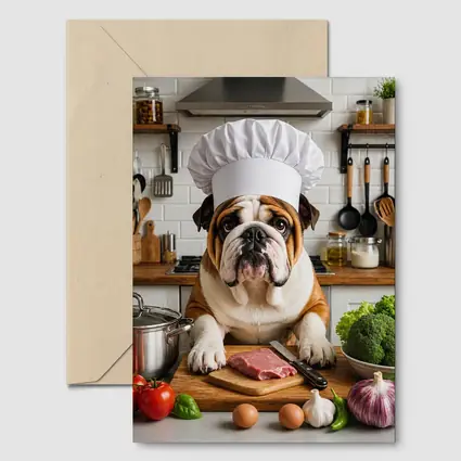 Bulldog Chef Cooking In Kitchen