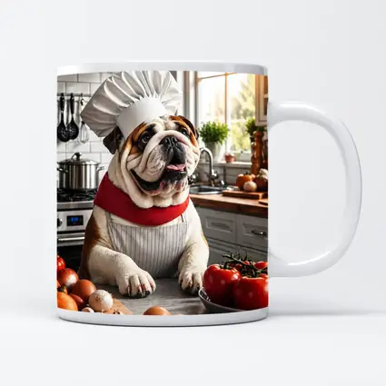English Bulldog Chef Cooking in Kitchen