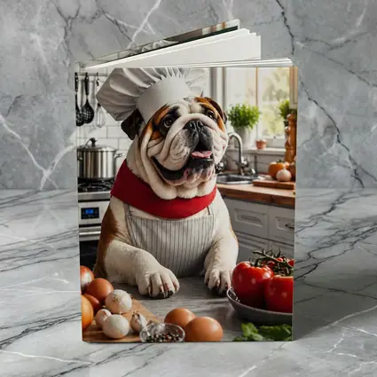 English Bulldog Chef Cooking in Kitchen