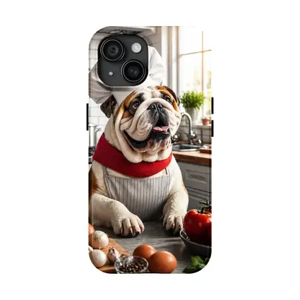 English Bulldog Chef Cooking in Kitchen
