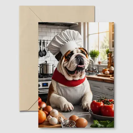 English Bulldog Chef Cooking in Kitchen