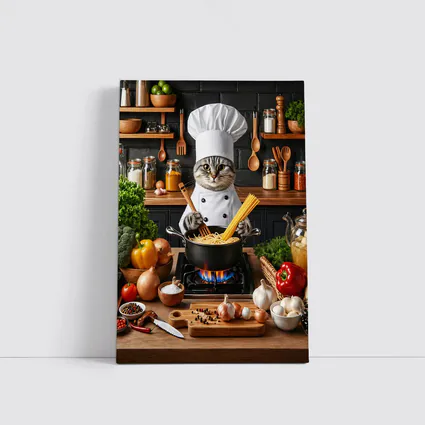 Chef Cat Cooking Pasta Kitchen Scene