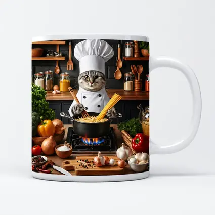 Chef Cat Cooking Pasta Kitchen Scene