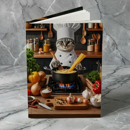 Chef Cat Cooking Pasta Kitchen Scene