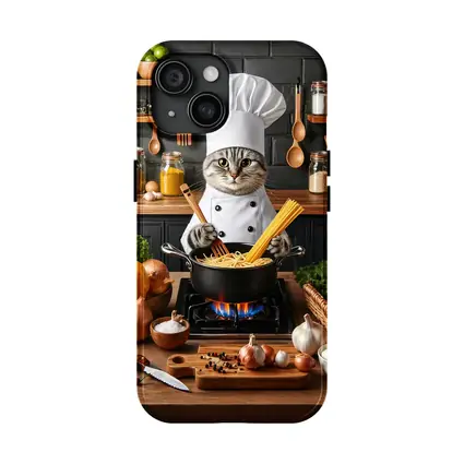 Chef Cat Cooking Pasta Kitchen Scene