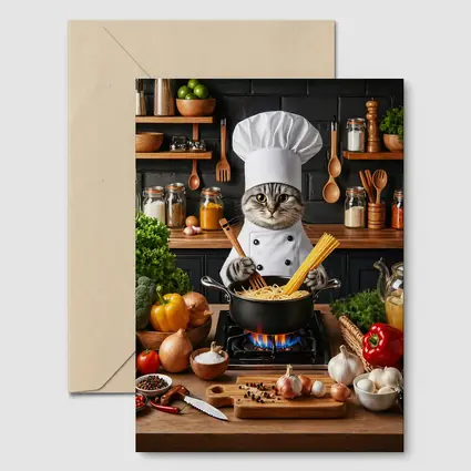 Chef Cat Cooking Pasta Kitchen Scene