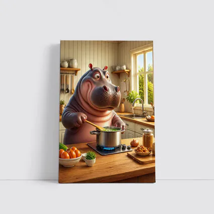 Cartoon Hippo Cooking Soup in Kitchen