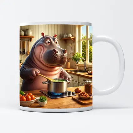 Cartoon Hippo Cooking Soup in Kitchen